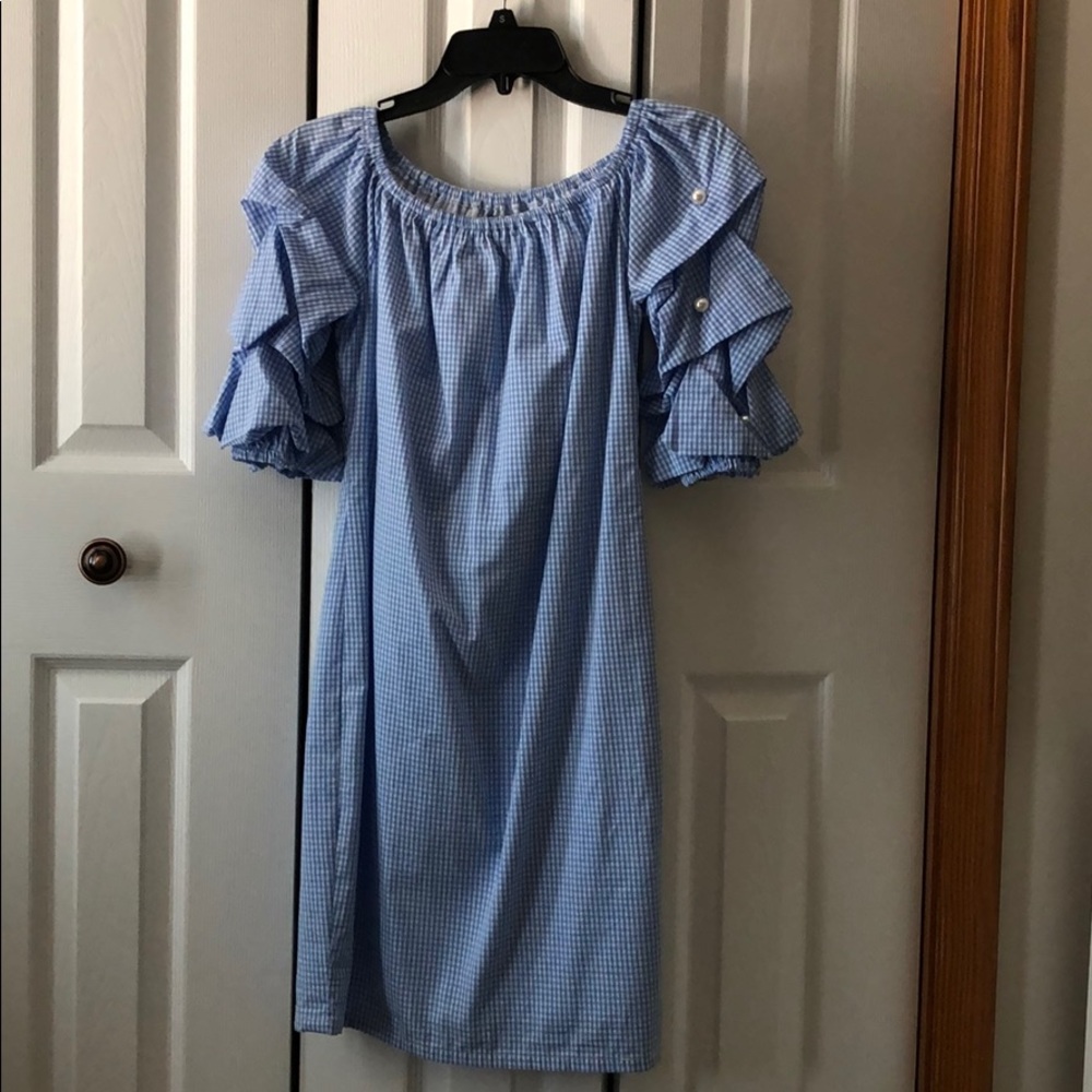 Blue and white gingham off the shoulder dress